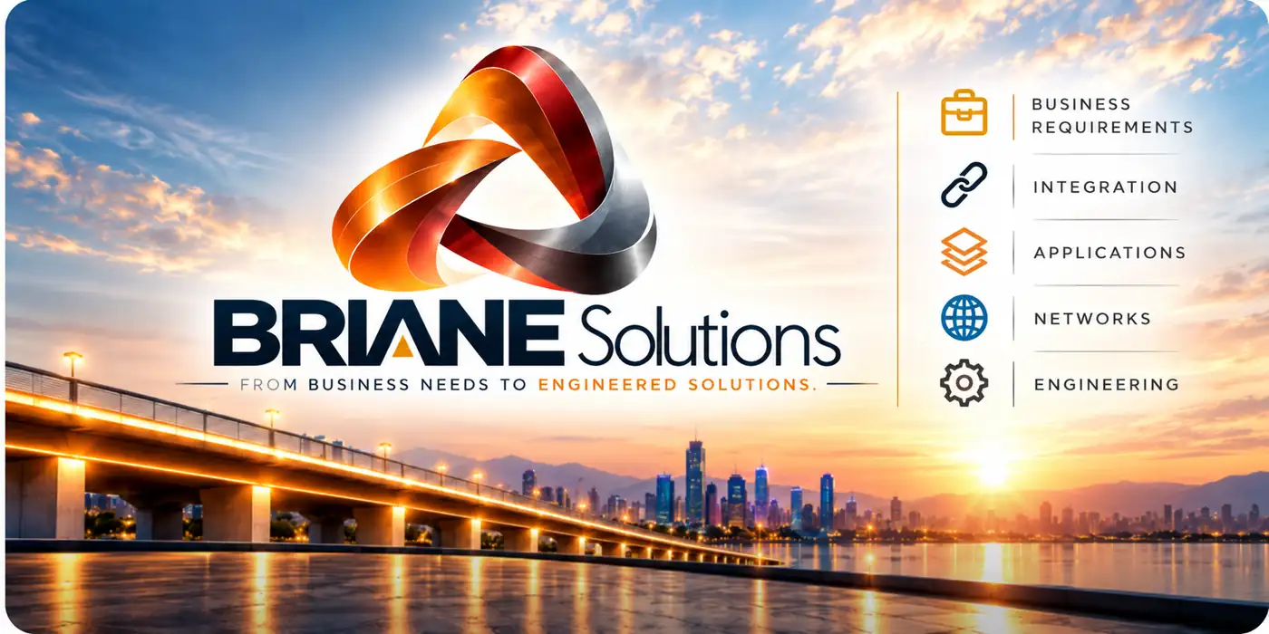 BRIANE Solutions: From Business Needs to Engineered Solutions, with the five disciplines beside an illuminated city bridge